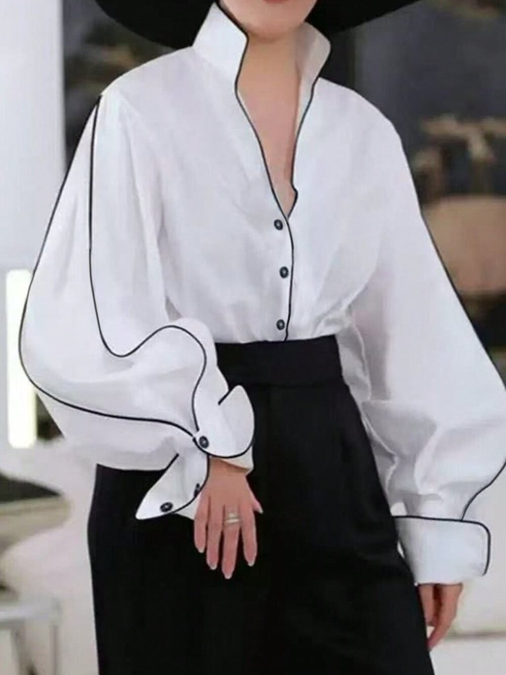 White Casual Women's Regular Fit Long Unlined Stand Collar Bishop Sleeve Shirt